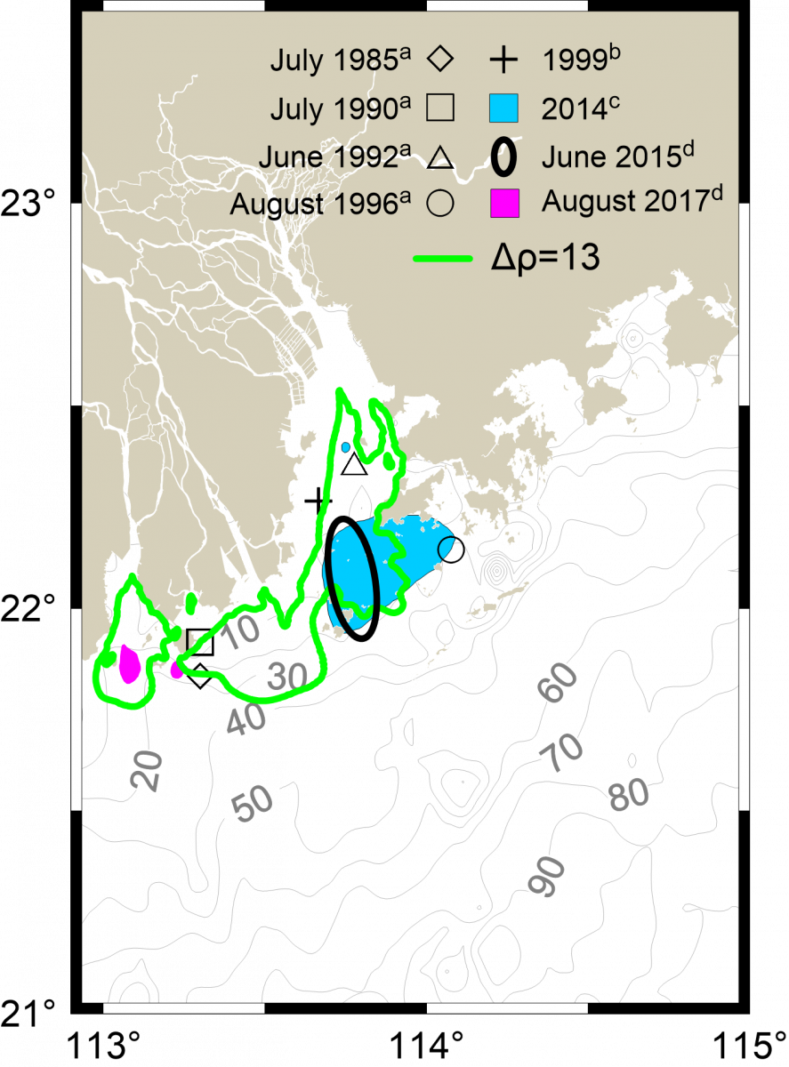 图2 近30年来观测发现的珠江河口低氧区发生的位置和范围